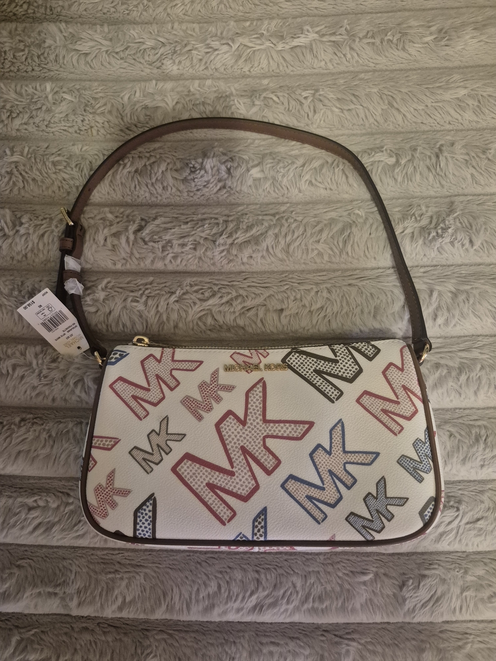 Michael Kors White Multicolor MK Print Shoulder Bag with Brown Strap